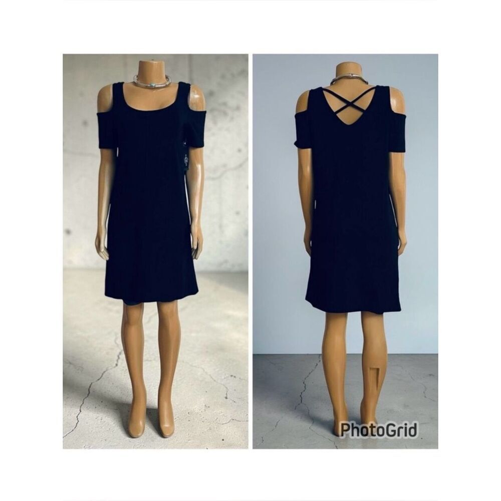 NWT August Silk little black dress cold-shoulder with back crossover strap